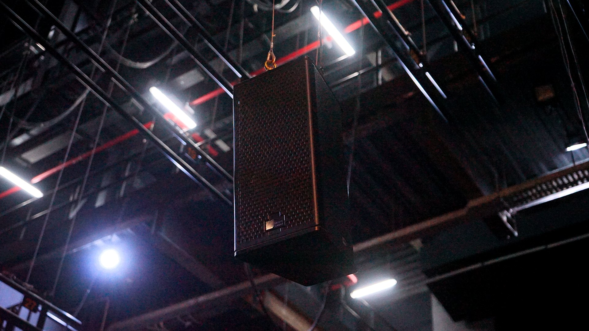 Meyer Sound loudspeaker rigged backstage